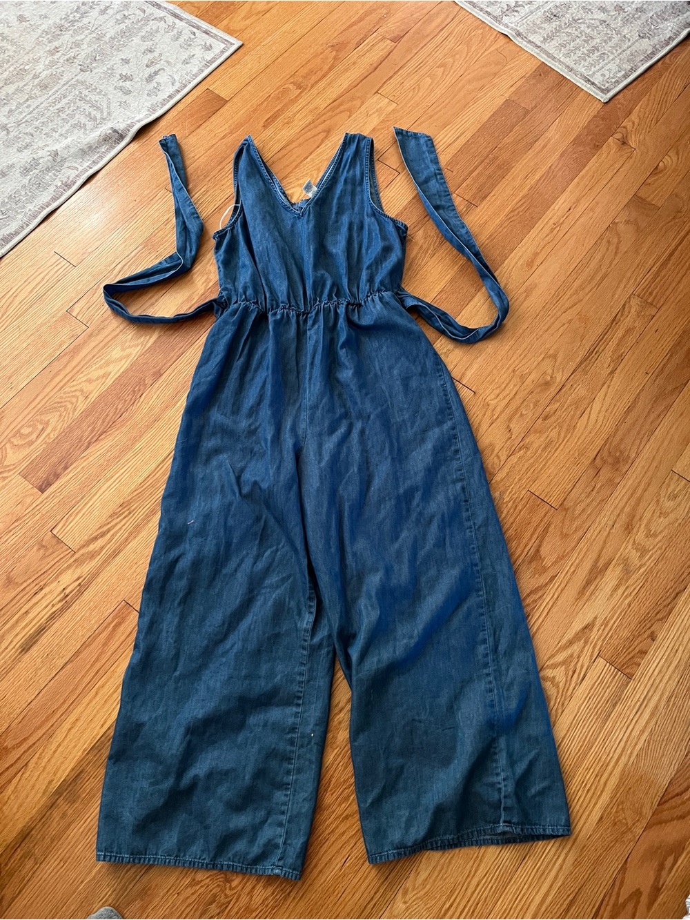 Denim V-Neck Wide-Leg Jumpsuit in Blue